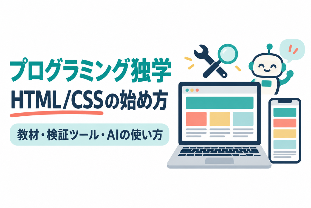 左に「プログラミング独学」「HTML/CSSの始め方」の見出しと「教材・検証ツール・AIの使い方」の帯、右にノートパソコンとスマートフォンに同じページが表示され、検証ツールのアイコンと吹き出しを持つロボットが並ぶイラスト。HTML/CSSの独学ロードマップを解説する記事のサムネイル。画像内の文字：プログラミング独学 HTML/CSSの始め方 教材・検証ツール・AIの使い方