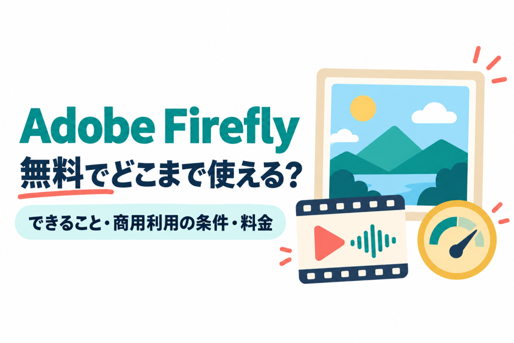 左に「Adobe Firefly」「無料でどこまで使える？」の見出しと「できること・商用利用の条件・料金」の帯、右に風景を映した額入りの絵、再生マークと音の波形が入ったフィルム、目盛りのついた丸いメーターが並ぶイラスト。Adobe Fireflyでできることと無料の範囲、商用利用の条件を解説する記事のサムネイル。画像内の文字：Adobe Firefly 無料でどこまで使える？ できること・商用利用の条件・料金