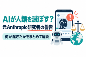 左に「AIが人類を滅ぼす？」「元Anthropic研究者の警告」の見出しと「何が起きたかをまとめて解説」の帯、右に警告の吹き出しが付いたスマートフォンと、天秤に載ったロボットの頭部と地球のイラスト。元Anthropic研究者の警告をまとめた記事のサムネイル。画像内の文字：AIが人類を滅ぼす？ 元Anthropic研究者の警告 何が起きたかをまとめて解説
