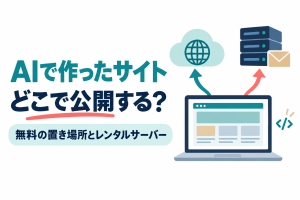 左に「AIで作ったサイト」「どこで公開する？」の見出しと「無料の置き場所とレンタルサーバー」の帯、右にWebページを表示したノートパソコンから、地球のアイコンが付いた雲と、封筒のアイコンが付いたサーバーの建物へ矢印が伸びるイラスト。AIで作ったHTMLサイトの公開先を、無料の置き場所とレンタルサーバーで比べる記事のサムネイル。画像内の文字：AIで作ったサイト どこで公開する？ 無料の置き場所とレンタルサーバー