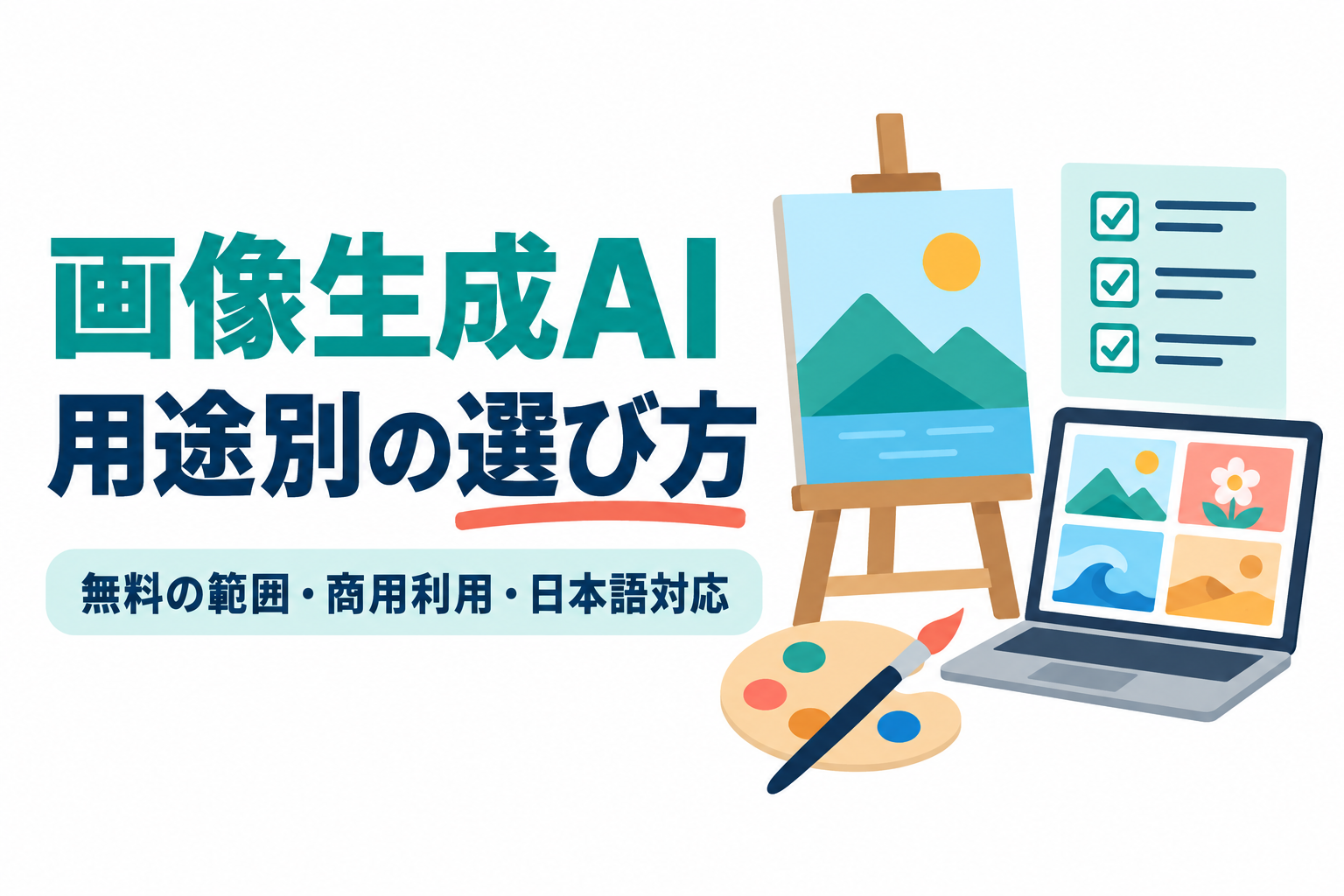 左に「画像生成AI」「用途別の選び方」の見出しと「無料の範囲・商用利用・日本語対応」の帯、右にイーゼルに載った山と太陽の絵、4枚の小さな画像が並ぶノートパソコン、絵の具のパレットと筆、チェックマークが3つ並んだチェックリストのイラスト。画像生成AIを無料の範囲・商用利用・日本語対応で比較する記事のサムネイル。画像内の文字:画像生成AI 用途別の選び方 無料の範囲・商用利用・日本語対応
