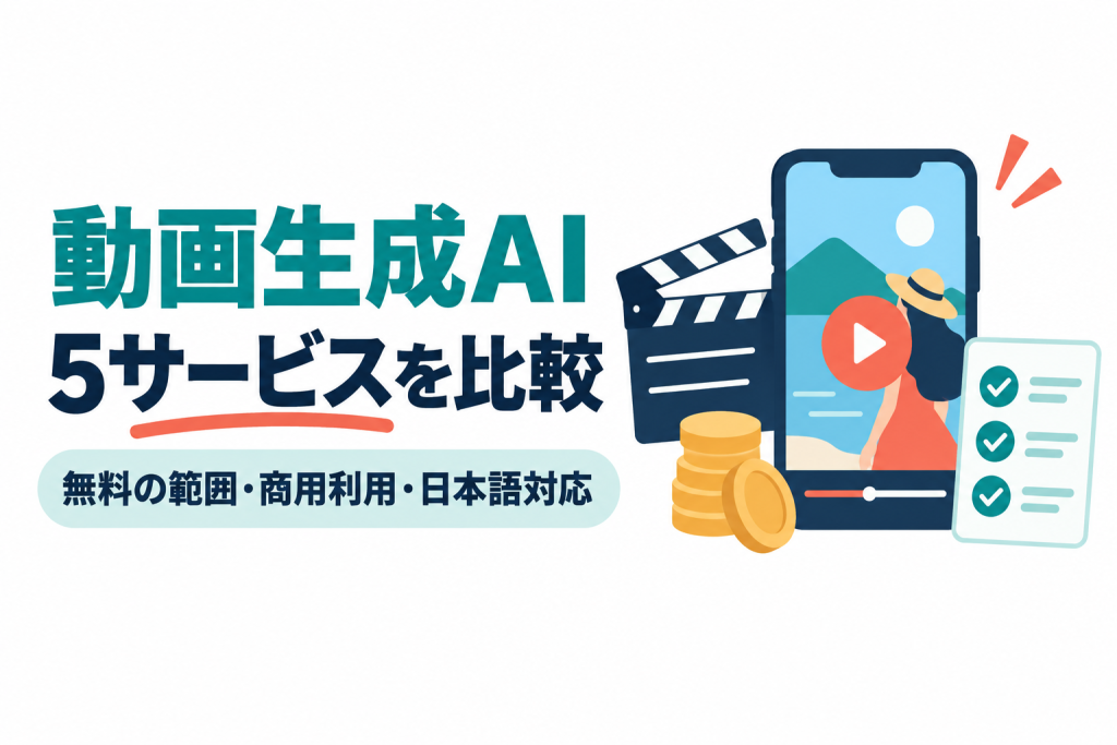 左に「動画生成AI」「5サービスを比較」の見出しと「無料の範囲・商用利用・日本語対応」の帯、右にカチンコ、再生ボタンのついた縦長の動画を映すスマートフォン、積み重ねたコイン、チェックマークが3つ並んだチェックリストのイラスト。動画生成AIを無料の範囲・商用利用・日本語対応で比較する記事のサムネイル。画像内の文字：動画生成AI 5サービスを比較 無料の範囲・商用利用・日本語対応