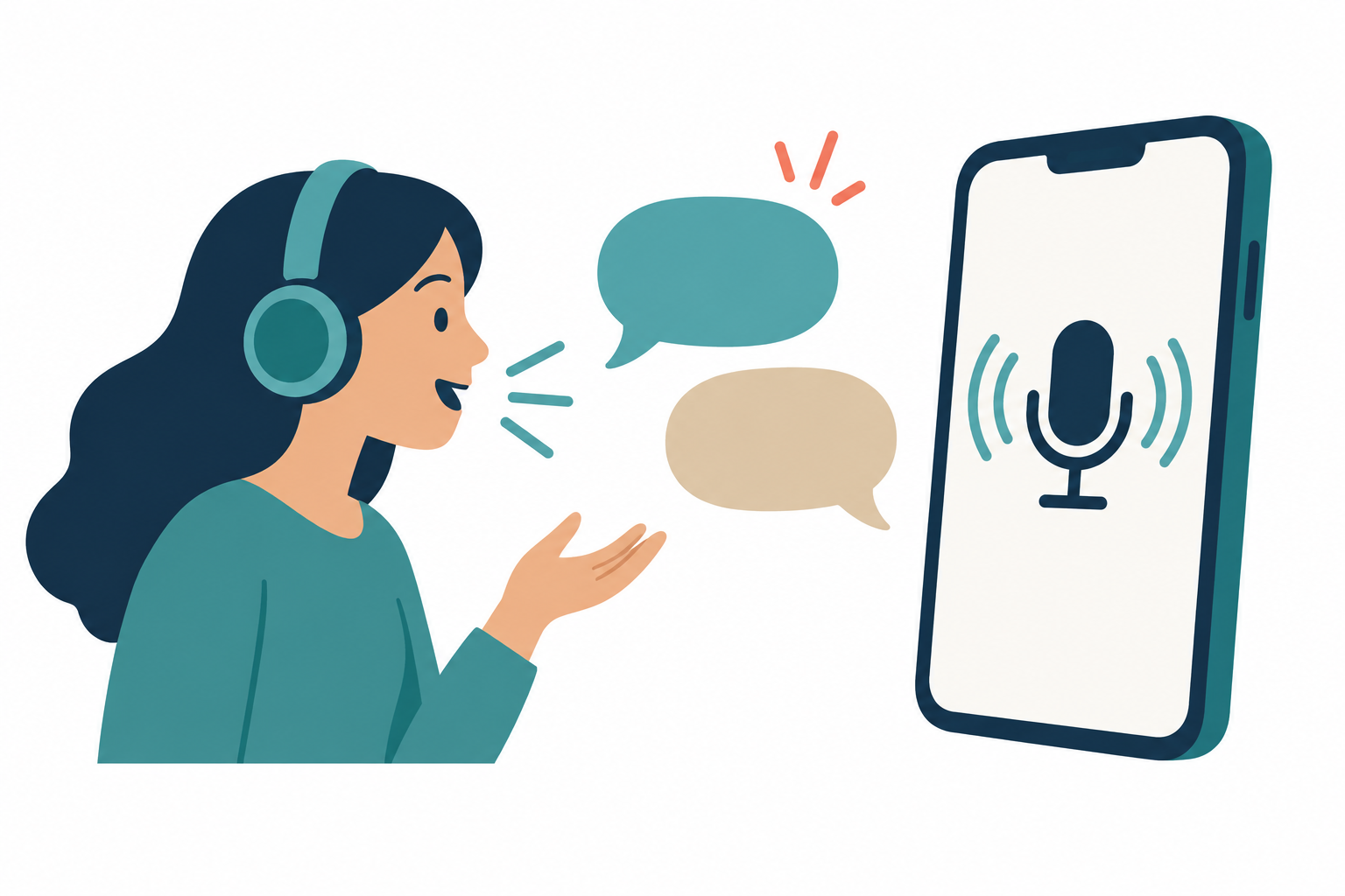 ヘッドホンをつけた人が、マイクと音の波が表示された大きなスマートフォンに話しかけ、2つの吹き出しが交互に浮かんでいるイラスト。AIと音声で英会話のやり取りをする様子を表しています。