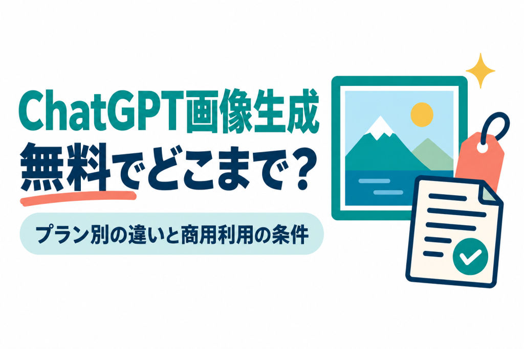 左に「ChatGPT画像生成」「無料でどこまで？」の見出しと「プラン別の違いと商用利用の条件」の帯、右に山と太陽の風景を描いた額縁の絵、値札、チェックマーク付きの書類のイラスト。ChatGPTの画像生成の無料の範囲とプラン別の違い、商用利用の条件を解説する記事のサムネイル。画像内の文字：ChatGPT画像生成 無料でどこまで？ プラン別の違いと商用利用の条件