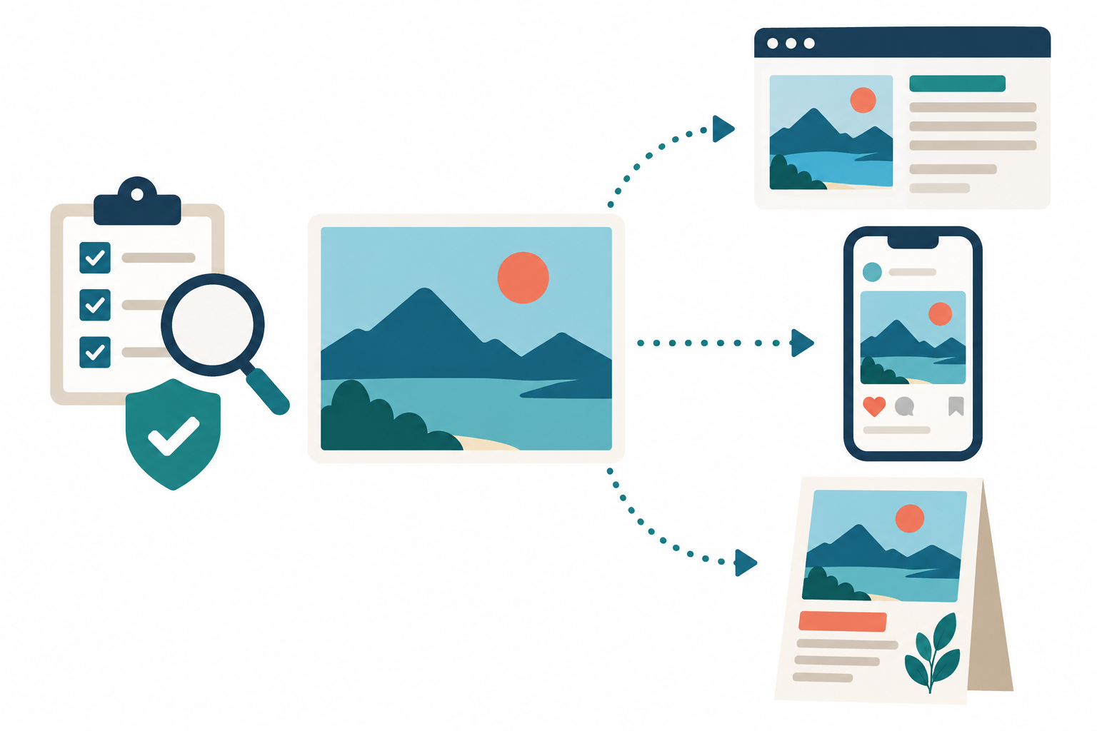 中央に山と湖の風景画のカードがあり、点線の矢印がブログ記事のページ、スマートフォンのSNS投稿、卓上の印刷物の3方向へ伸びている。左にはチェック済みのチェックリスト、虫眼鏡、チェックマークの盾が置かれている。作った画像をブログ・SNS・仕事に使う前に、条件を確認するイメージのイラスト。