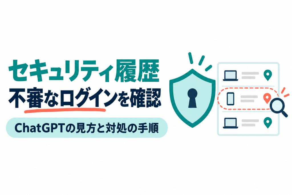 ChatGPTのセキュリティ履歴を解説する記事のサムネイル。右側に鍵穴のある盾と、ノートパソコンやスマートフォンのアイコンと位置のピンが並ぶ3行の一覧カードを描き、そのうち1行を点線の丸と虫眼鏡で確かめているイラスト。画像内の文字：セキュリティ履歴／不審なログインを確認／ChatGPTの見方と対処の手順