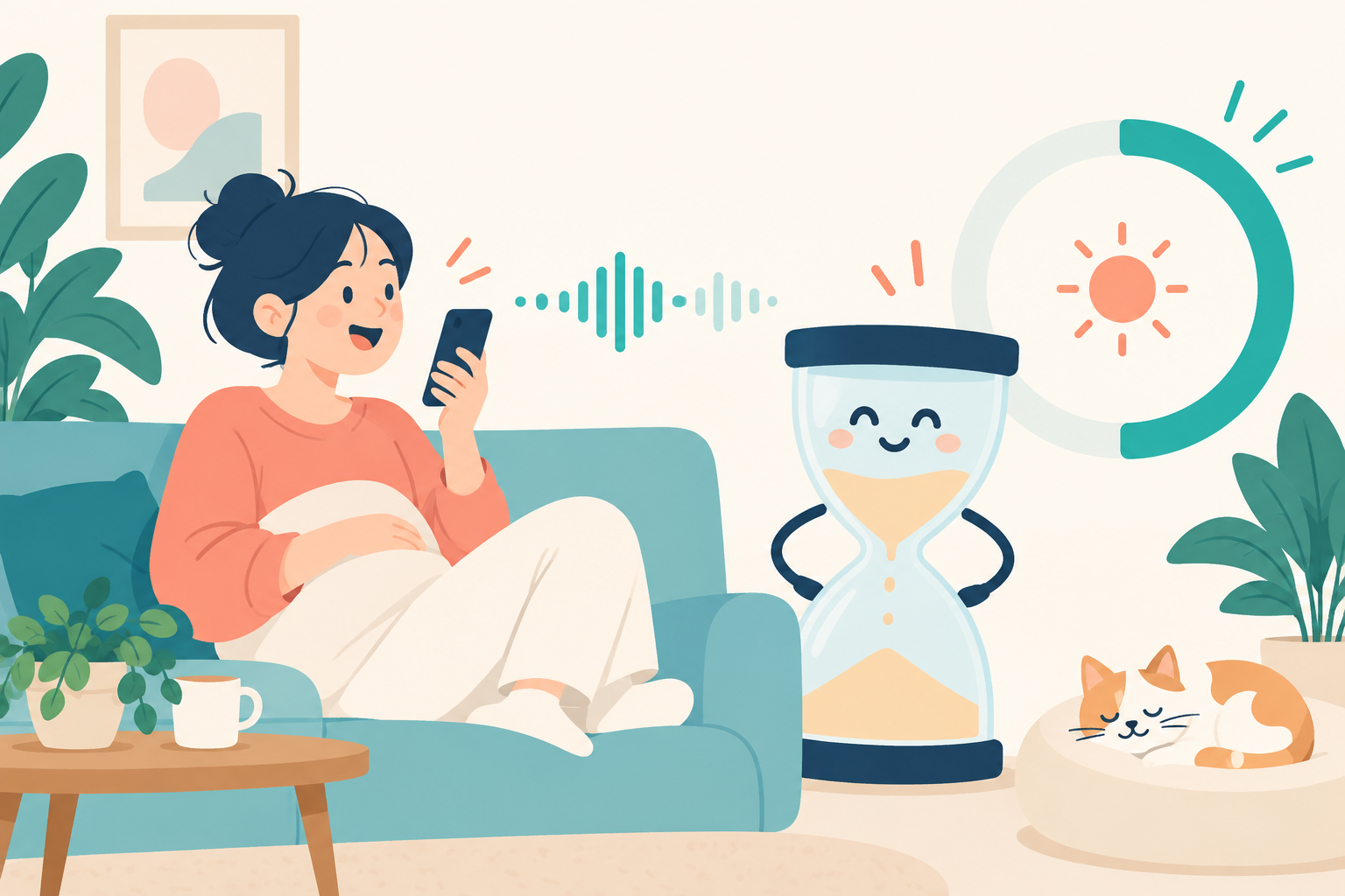 ソファでスマートフォンに話しかける人と、音声の波形、笑顔の砂時計、一部が埋まった円形のタイマーのイラスト。音声会話に1日あたりの時間の上限があることを表す。