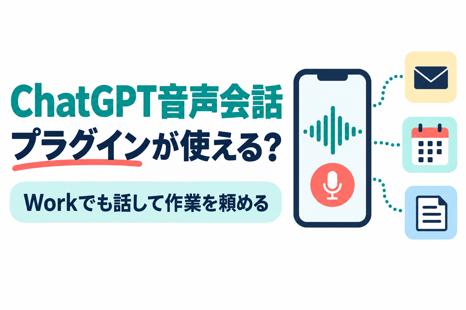 ChatGPTの音声会話でプラグインが使えるようになった更新を解説する記事のサムネイル。右側に音声の波形とマイクのボタンが表示されたスマートフォンと、点線でつながった封筒・カレンダー・文書のアイコンを描いたイラスト。画像内の文字：ChatGPT音声会話／プラグインが使える？／Workでも話して作業を頼める