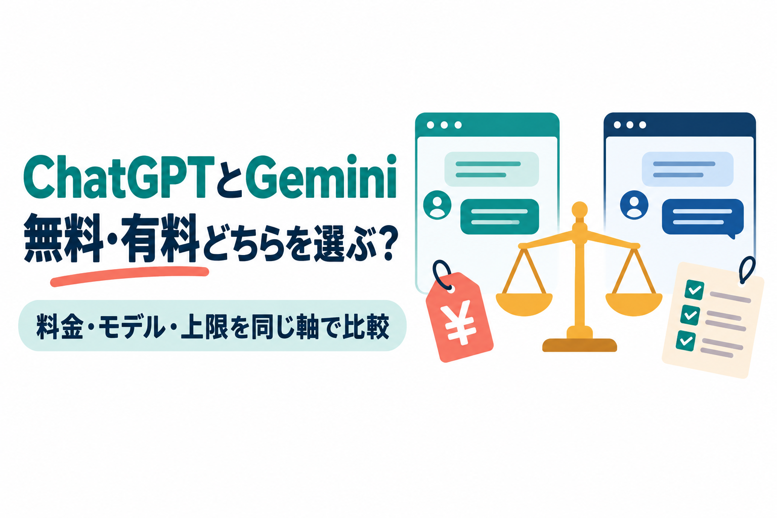 左に「ChatGPTとGemini」「無料・有料どちらを選ぶ？」の見出しと「料金・モデル・上限を同じ軸で比較」の帯、右に2つのチャット画面の間に置いた天秤と、円の値札・チェックリストのイラスト。ChatGPTとGeminiの違いと選び方を扱う記事のサムネイル。画像内の文字：ChatGPTとGemini 無料・有料どちらを選ぶ？ 料金・モデル・上限を同じ軸で比較