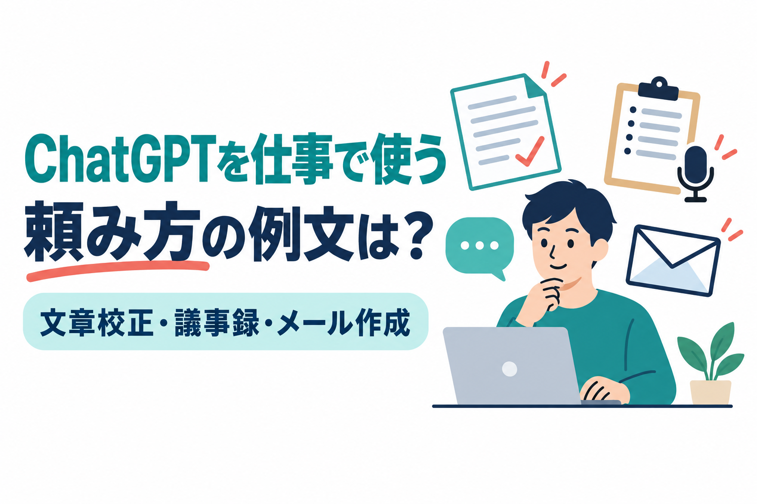 左に「ChatGPTを仕事で使う」「頼み方の例文は?」の見出しと「文章校正・議事録・メール作成」の帯、右にノートパソコンの前で考える人物と吹き出し、赤いチェックの入った書類、マイク付きの会議メモ、封筒のイラスト。ChatGPTを仕事で使う例文を紹介する記事のサムネイル。画像内の文字:ChatGPTを仕事で使う 頼み方の例文は? 文章校正・議事録・メール作成