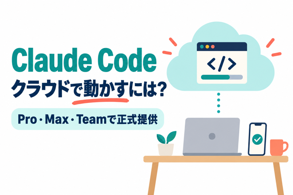 Claude Codeのクラウドセッションの正式提供を解説する記事のサムネイル。右側に、閉じたノートパソコンの上の雲の中でコードの画面と進行バーが動き、横のスマートフォンにチェックマークが表示されたイラスト。画像内の文字：Claude Code／クラウドで動かすには？／Pro・Max・Teamで正式提供