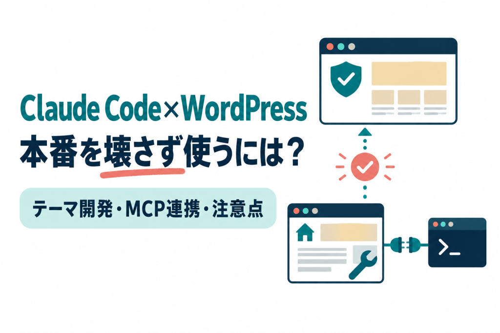 左に「Claude Code×WordPress」「本番を壊さず使うには？」の見出しと「テーマ開発・MCP連携・注意点」の帯、右に家のアイコンのローカル環境の画面から、チェックの関門を通って盾のアイコンの本番サイトへ点線の矢印が伸び、ターミナルの画面とプラグでつながっているイラスト。Claude CodeでWordPressを作る・運用する方法と本番を壊さない注意点を解説する記事のサムネイル。画像内の文字：Claude Code×WordPress 本番を壊さず使うには？ テーマ開発・MCP連携・注意点