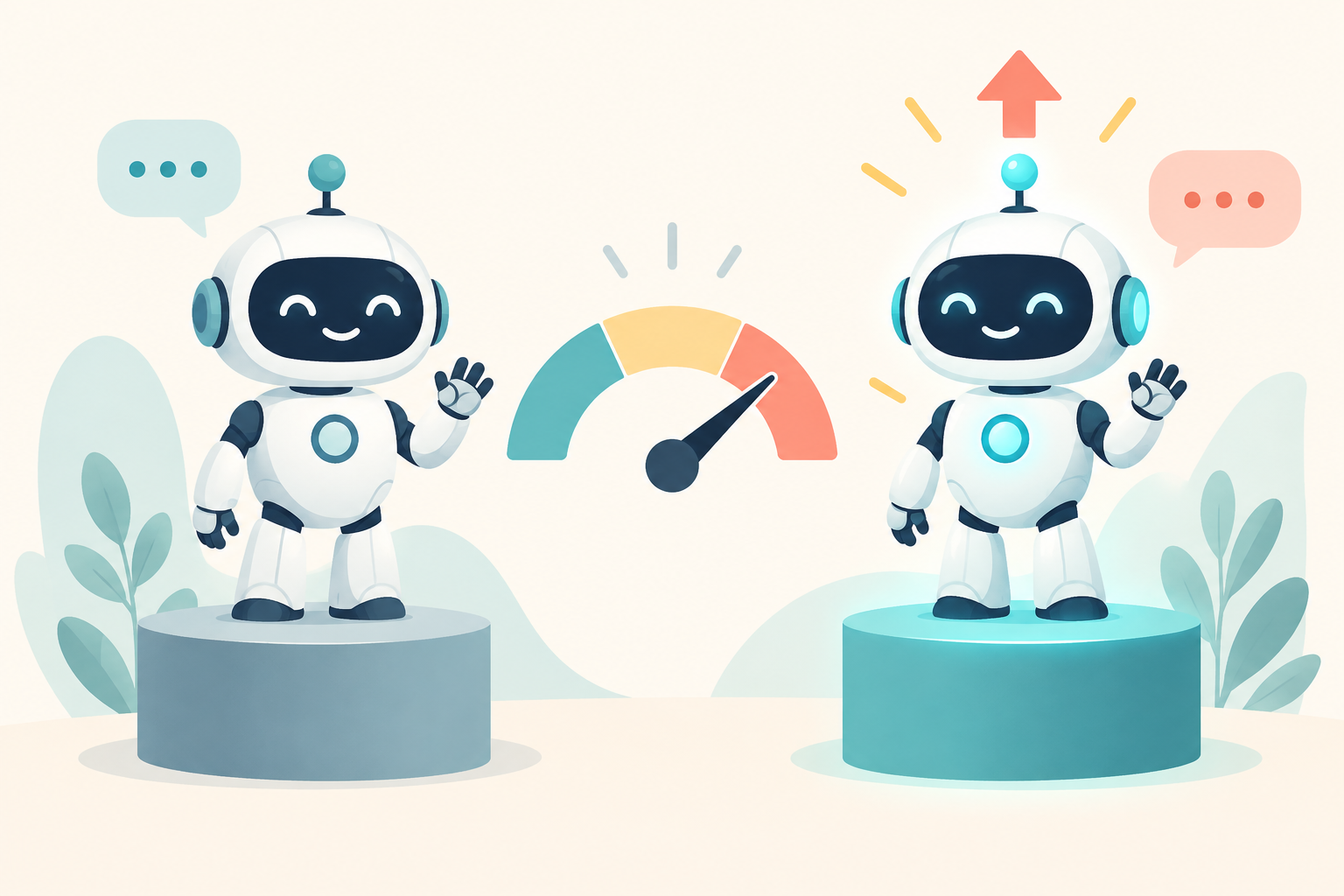 台の上に並んだよく似た2体のロボットのイラスト。右のロボットは少し明るく光り、頭上に上向きの矢印があり、2体の間のメーターの針はやや右を指している。見た目はほぼ同じでも性能が一段上がった5.1との比較を表す。