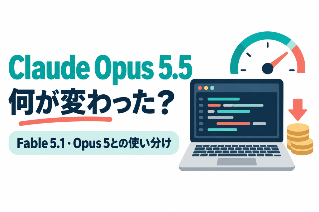 左に「Claude Opus 5.5」「何が変わった？」の見出しと「Fable 5.1・Opus 5との使い分け」の帯、右にコードが並ぶ画面のノートパソコン、針が高い位置を指すスピードメーター、下向きの矢印と積み重ねたコインのイラスト。Claude Opus 5.5の変更点と、Fable 5.1・Opus 5との使い分けを解説する記事のサムネイル。画像内の文字：Claude Opus 5.5 何が変わった？ Fable 5.1・Opus 5との使い分け