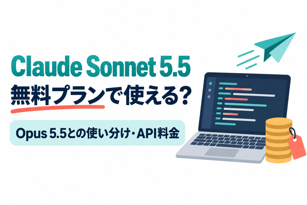 左に「Claude Sonnet 5.5」「無料プランで使える？」の見出しと「Opus 5.5との使い分け・API料金」の帯、右にコードが並ぶ画面のノートパソコン、速さを表す線を引いて飛ぶ紙飛行機、値札の付いた積み重ねたコインのイラスト。Claude Sonnet 5.5を無料プランで使えるか、Opus 5.5との使い分けとAPI料金を解説する記事のサムネイル。画像内の文字：Claude Sonnet 5.5 無料プランで使える？ Opus 5.5との使い分け・API料金