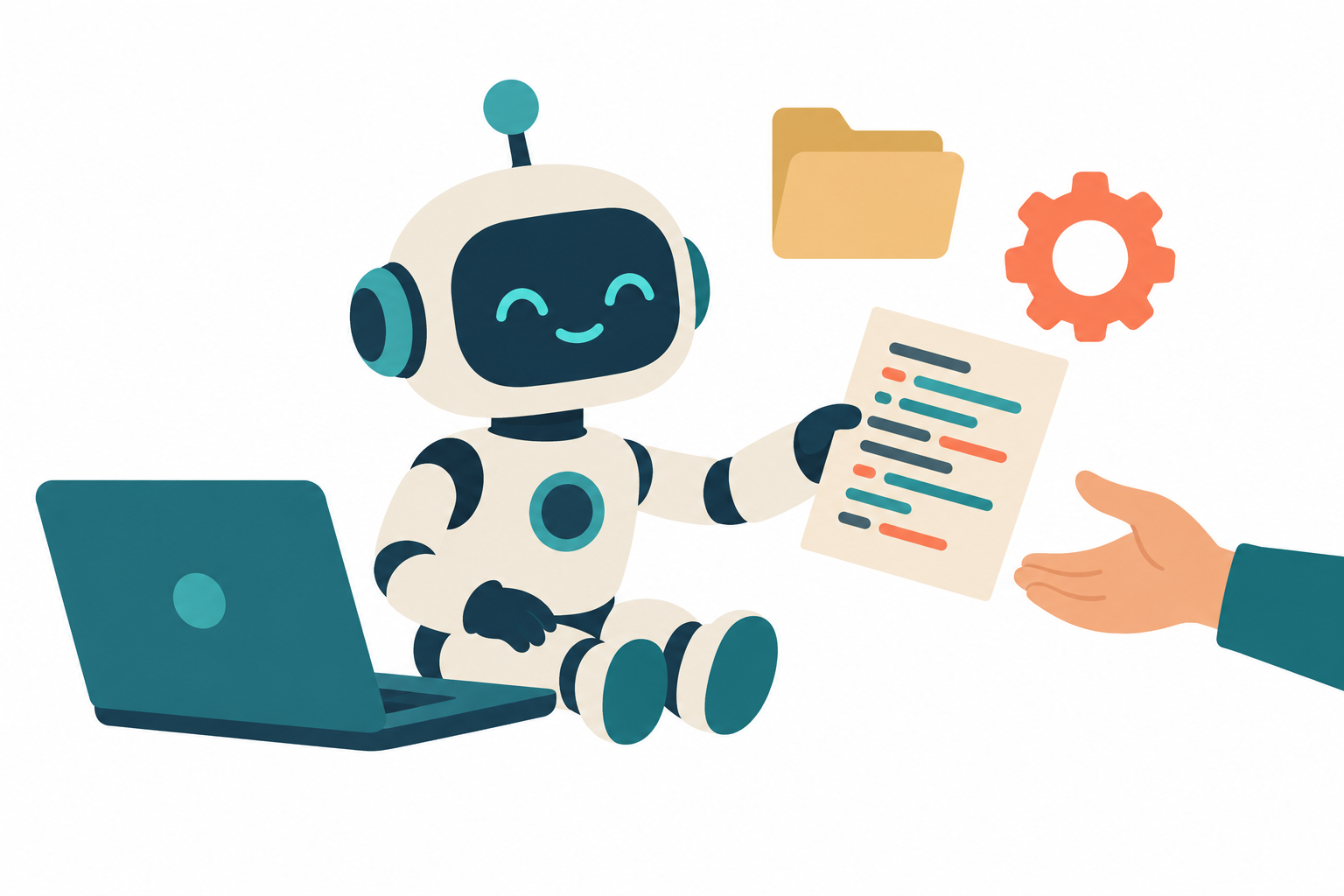 ノートパソコンの横に座ったロボットが、コードの書かれた紙を人の手に渡しているイラスト