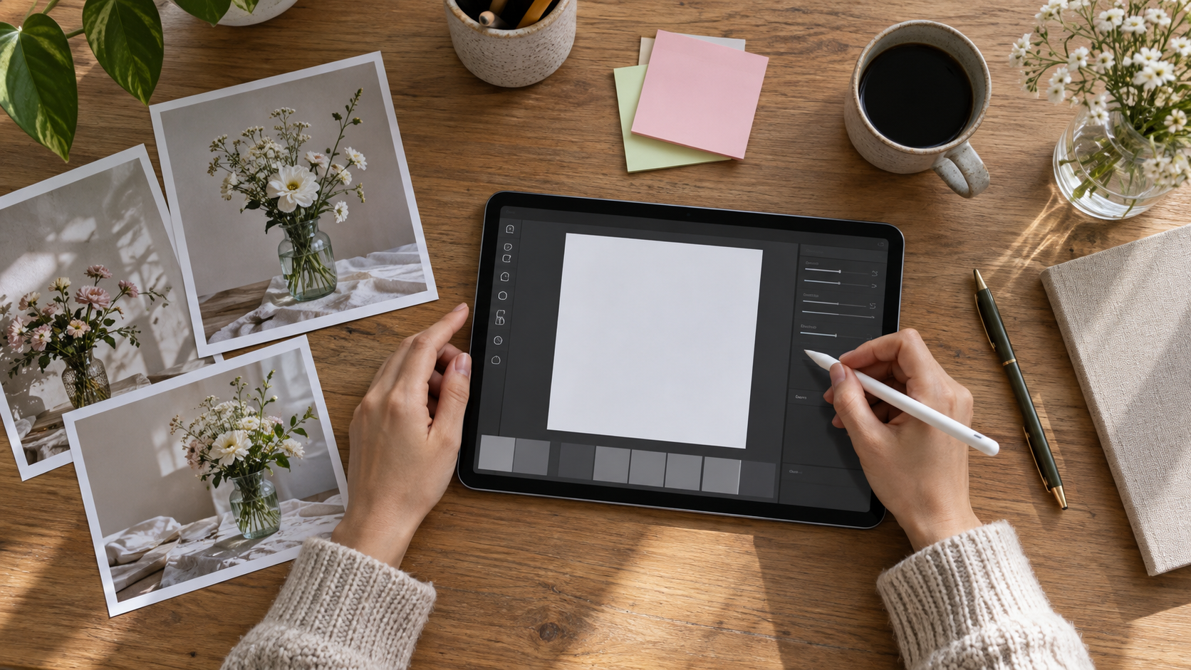 机の上でタブレットを使い、花瓶の写真プリントを見ながらSNS画像を準備しているイメージ。