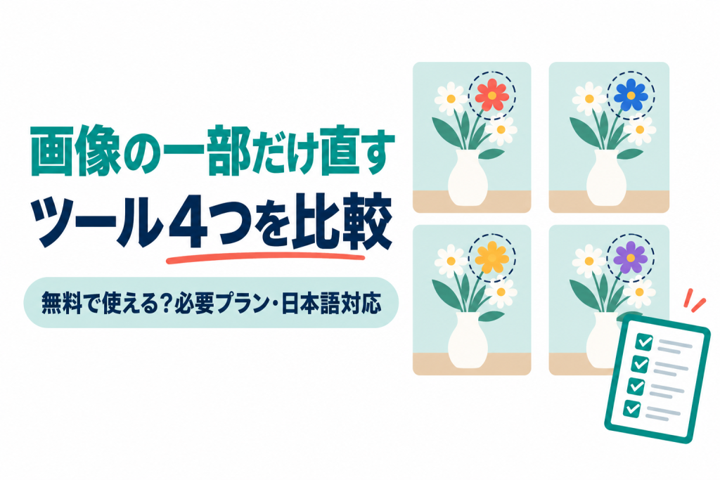 画像の一部だけを直せるAIツール4つを、無料で使えるか・必要プラン・日本語対応で比較する記事のサムネイル。 画像内の文字：画像の一部だけ直す ツール4つを比較 無料で使える？必要プラン・日本語対応