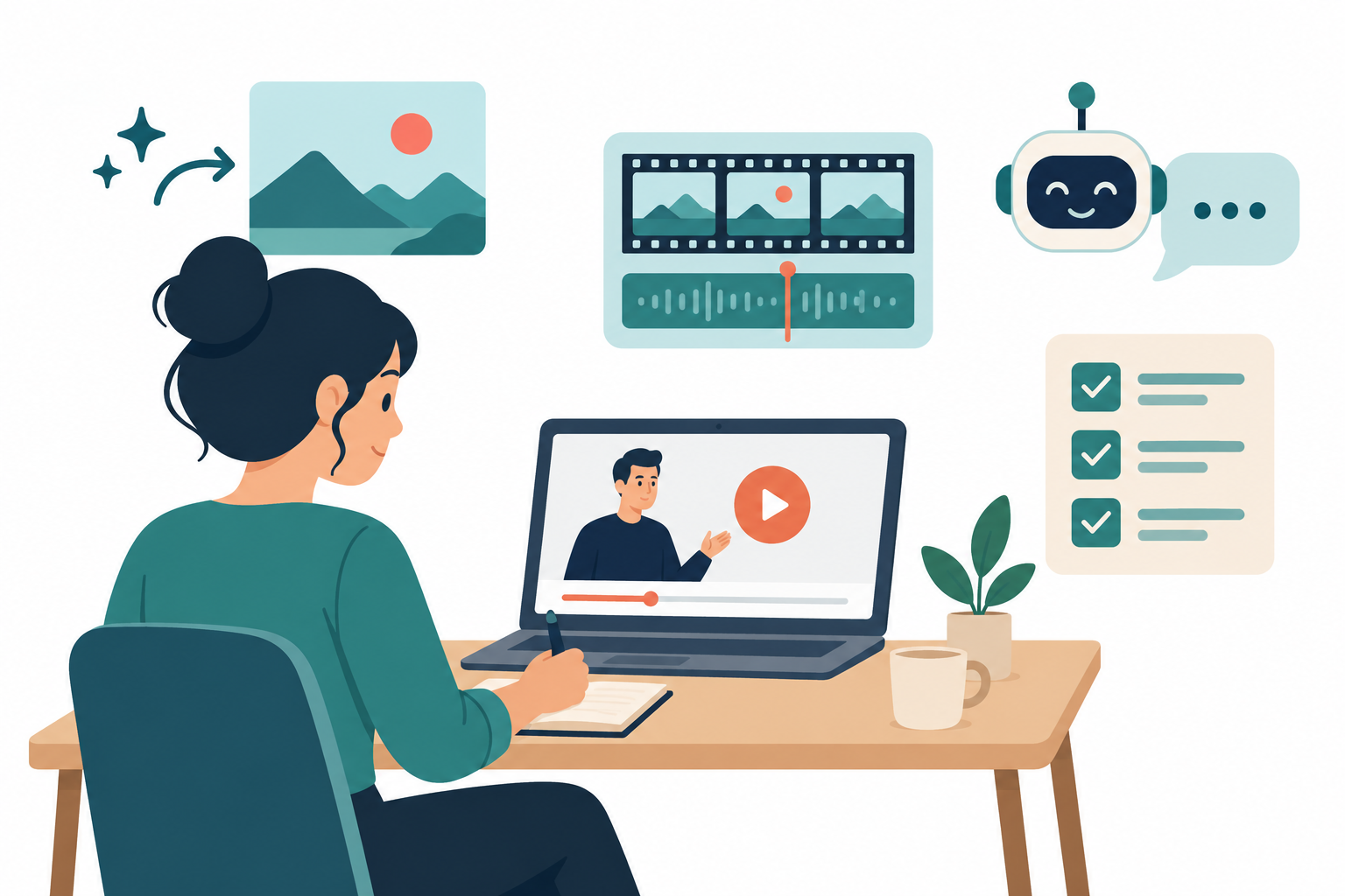 机でノートパソコンの動画レッスンを見ながら学ぶ人のイラスト。周りに画像生成、動画のタイムライン、質問に答えるAIチューター、チェックリストのアイコンが浮かぶ。DMM 生成AI CAMP 学び放題で職種別のレッスンをオンラインで学ぶイメージ。
