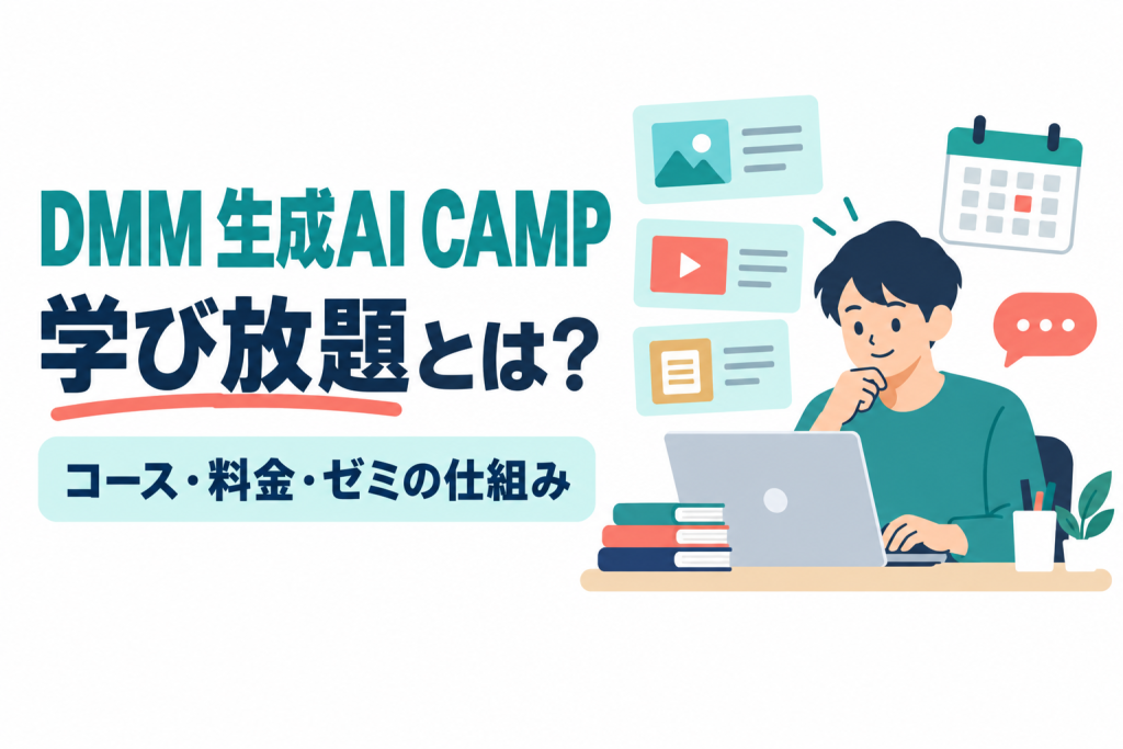 左に「DMM 生成AI CAMP」「学び放題とは？」の見出しと「コース・料金・ゼミの仕組み」の帯、右にノートパソコンで学ぶ人と講座カード・再生ボタン・カレンダー・吹き出しのアイコンが並ぶイラスト。DMM 生成AI CAMP 学び放題の内容・料金・ゼミを解説する記事のサムネイル。画像内の文字：DMM 生成AI CAMP 学び放題とは？ コース・料金・ゼミの仕組み