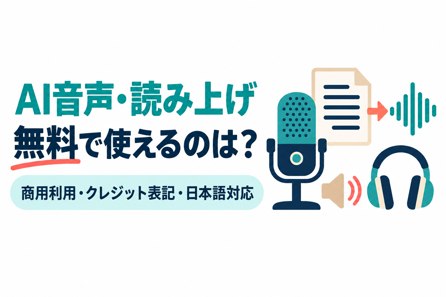 左に「AI音声・読み上げ」「無料で使えるのは?」の見出しと「商用利用・クレジット表記・日本語対応」の帯、右にスタンドマイク、文書から矢印で音声の波形に変わる図、スピーカー、ヘッドホンのイラスト。無料で使えるAI音声を比較する記事のサムネイル。画像内の文字:AI音声・読み上げ/無料で使えるのは?/商用利用・クレジット表記・日本語対応