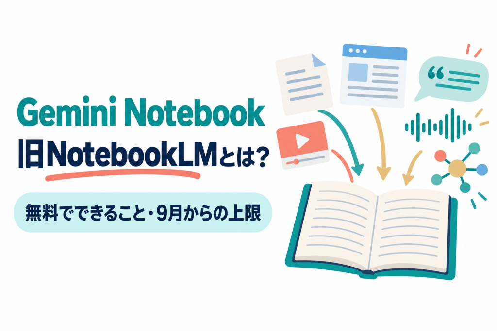 左に「Gemini Notebook」「旧NotebookLMとは？」の見出しと「無料でできること・9月からの上限」の帯、右に資料のページが開いたノートに流れ込み、引用の吹き出し、音声の波形、マインドマップ、時計のアイコンが並ぶイラスト。資料をまとめて質問や音声解説に使えるGemini Notebookの記事のサムネイル。画像内の文字：Gemini Notebook 旧NotebookLMとは？ 無料でできること・9月からの上限