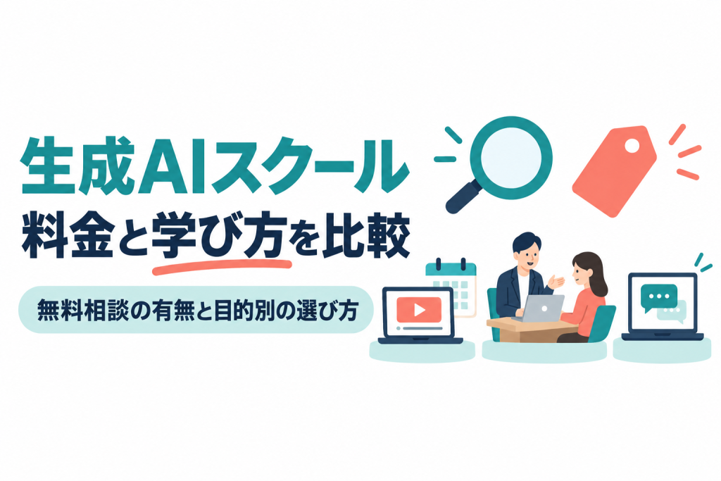 左に「生成AIスクール」「料金と学び方を比較」の見出しと「無料相談の有無と目的別の選び方」の帯、右に同じ高さの台に並んだ、動画とカレンダーのノートパソコン、講師が隣に座る机、チャットの吹き出しが出たノートパソコンと、虫眼鏡と値札のイラスト。生成AIスクールの料金・学び方・無料相談を比べる記事のサムネイル。画像内の文字：生成AIスクール 料金と学び方を比較 無料相談の有無と目的別の選び方