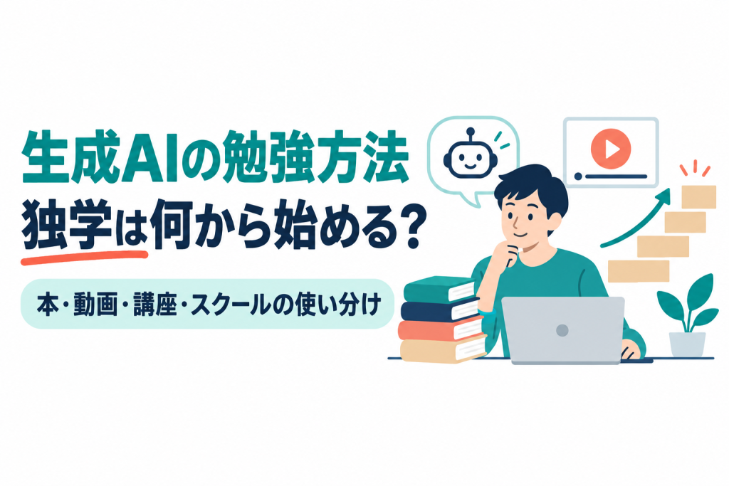左に「生成AIの勉強方法」「独学は何から始める？」の見出しと「本・動画・講座・スクールの使い分け」の帯、右にノートパソコンの前で考える人物と、積み重ねた本、再生ボタンのある動画の枠、ロボットの吹き出し、上へ伸びる階段を描いたイラスト。生成AIを独学で学ぶ順番と手段の使い分けを解説する記事のサムネイル。画像内の文字：生成AIの勉強方法 独学は何から始める？ 本・動画・講座・スクールの使い分け