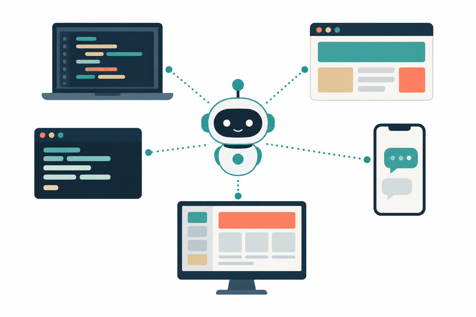 中央の小さなロボットから点線が伸びて、コードを表示したノートパソコン、Webブラウザーの画面、ターミナルの黒い画面、吹き出しが並ぶスマートフォン、デスクトップアプリの画面につながるイラスト。GitHub Copilotをエディター、Webサイト、スマホ、ターミナル、デスクトップアプリで使えることを表す。