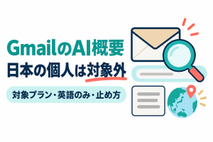封筒と虫めがね、検索ボックスの帯、グレーの線が入った要約のカード、地図のピンが立った地球を並べたサムネイル。画像内の文字：GmailのAI概要／日本の個人は対象外／対象プラン・英語のみ・止め方