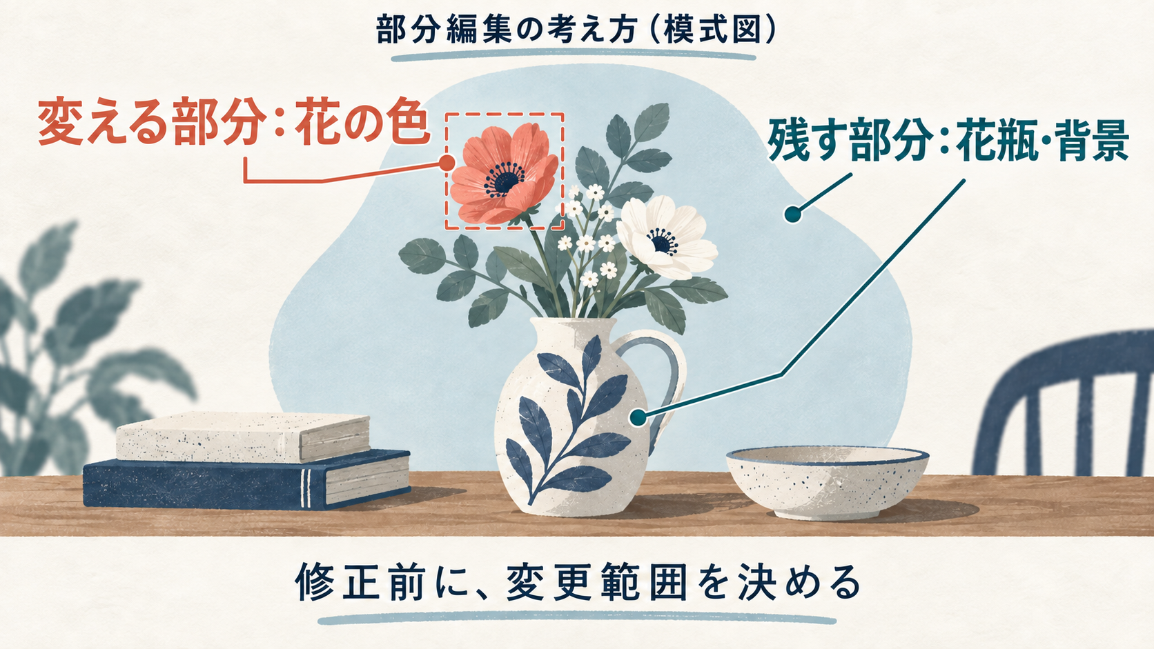花の色を変更対象として選び、花瓶・背景・配置は残すことを示す模式図。
