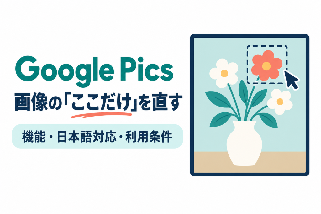 Google Picsの機能、日本語対応、利用条件を紹介する記事のサムネイル。 画像内の文字：Google Pics 画像の「ここだけ」を直す 機能・日本語対応・利用条件
