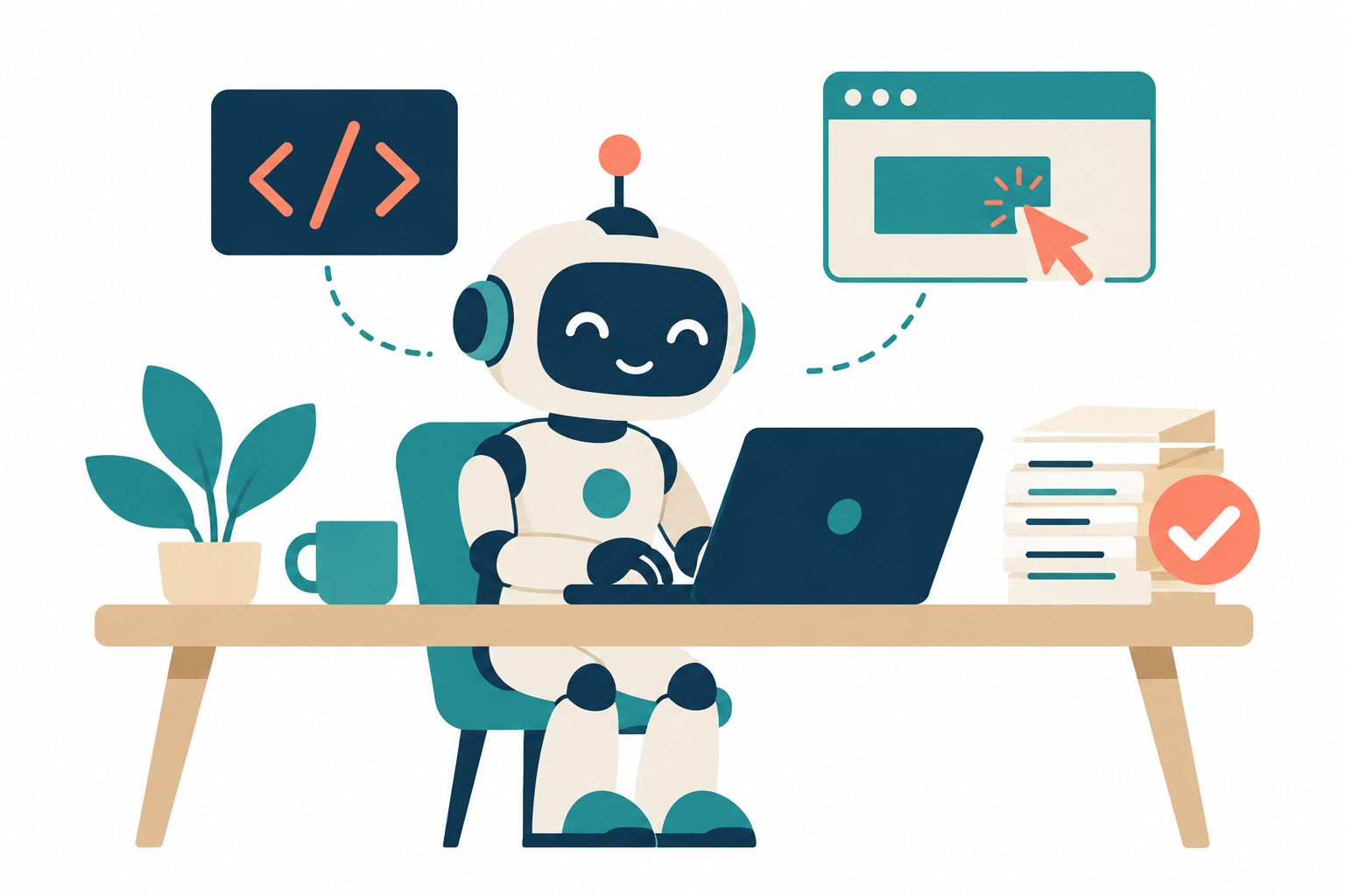 机でノートパソコンに向かう小さなロボットのイラスト。左上にコードを表す山かっこの記号、右上にカーソルでボタンを押しているウィンドウ、机の右にはチェックマークの付いた書類の束がある。GPT-6.1 Solで改善されたコーディング、コンピューター操作、専門的な仕事の3つを表すイメージ。