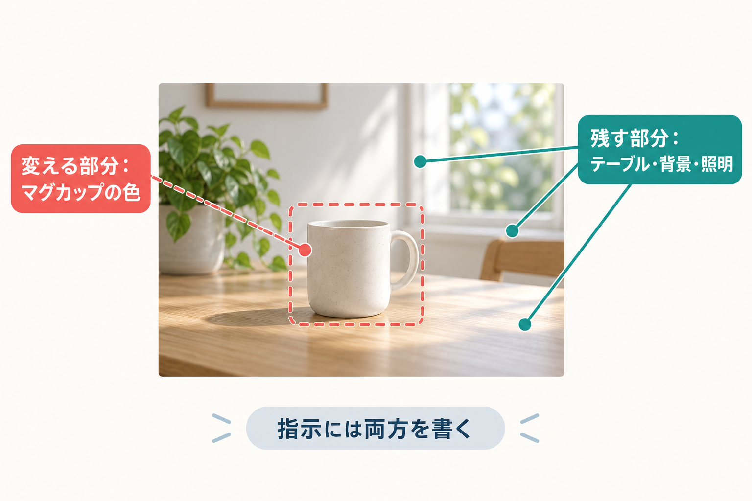 マグカップの写真で、変える部分（マグカップの色）と残す部分（テーブル・背景・照明）を分けて示した図解。指示には両方を書く。