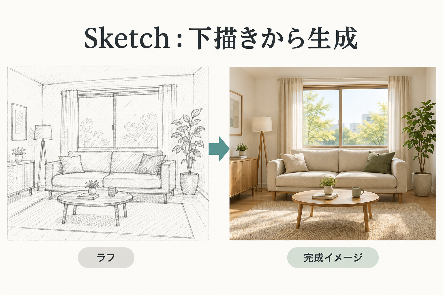 部屋のラフスケッチと、それをもとに仕上げた写真風の完成イメージを並べた図解。