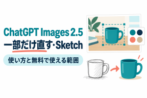 ChatGPT Images 2.5の部分編集、Sketch、テンプレートの使い方を紹介する記事のサムネイル。 画像内の文字：ChatGPT Images 2.5 一部だけ直す・Sketch 使い方と無料で使える範囲