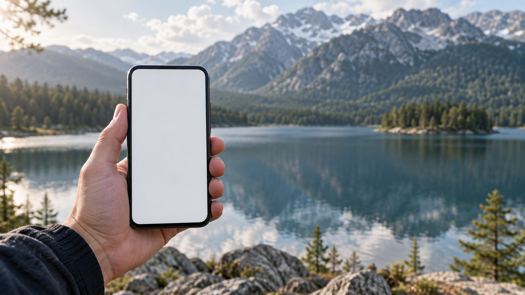 湖と山を背景にスマートフォンを構える手。撮ったあとに構図を直す新機能のイメージ。