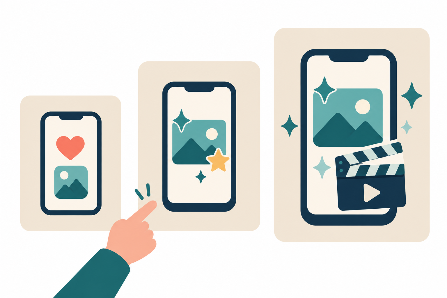 大きさの違う3枚のカードに、それぞれスマートフォンが描かれたイラスト。左の小さなカードはハートと画像、中央のカードはきらめきの付いた画像、右の大きなカードは画像と動画のカチンコときらめきが多く、手が中央のカードを指している。アプリ単体の特典、画像生成の枠が増えるプラン、画像と動画の枠がさらに増えるプランの違いを表す。