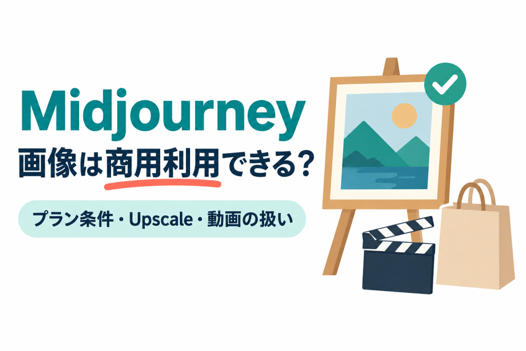 左に「Midjourney」「画像は商用利用できる？」の見出しと「プラン条件・Upscale・動画の扱い」の帯、右にチェックマークの付いた額入りの風景画をイーゼルに載せ、その手前にカチンコと無地の紙袋が並ぶイラスト。Midjourneyで作った画像を商用利用できる条件を解説する記事のサムネイル。画像内の文字：Midjourney 画像は商用利用できる？ プラン条件・Upscale・動画の扱い