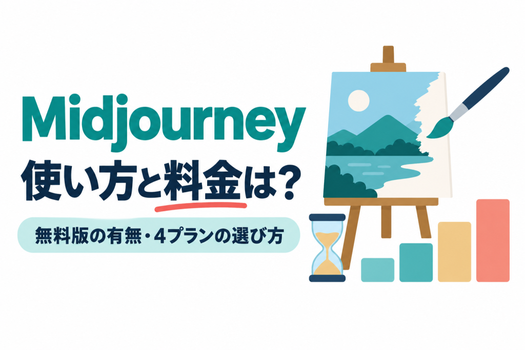 左に「Midjourney」「使い方と料金は？」の見出しと「無料版の有無・4プランの選び方」の帯、右にイーゼルに載った描きかけの風景画と絵筆、砂時計、高さが順に上がる4本の色違いの棒が並ぶイラスト。Midjourneyの使い方と料金を解説する記事のサムネイル。画像内の文字：Midjourney 使い方と料金は？ 無料版の有無・4プランの選び方