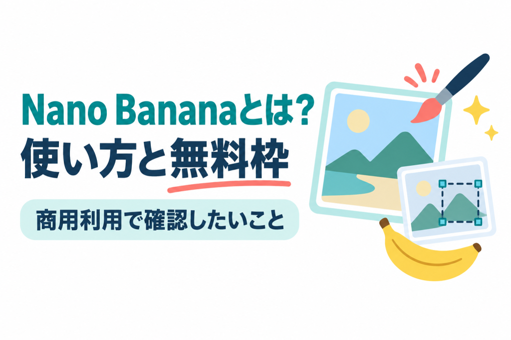 左に「Nano Bananaとは？」「使い方と無料枠」の見出しと「商用利用で確認したいこと」の帯、右に絵筆で描かれている風景画のフレーム、一部を点線で囲んだ小さな画像カード、黄色いバナナが並ぶイラスト。Geminiアプリの画像生成・編集モデルNano Bananaの解説記事のサムネイル。画像内の文字：Nano Bananaとは？ 使い方と無料枠 商用利用で確認したいこと