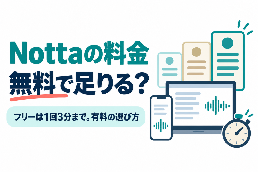 左に「Nottaの料金」「無料で足りる？」の見出しと「フリーは1回3分まで。有料の選び方」の帯、右に音の波と文字の行が並ぶスマホとノートパソコン、大きさの違う3枚の値札とストップウォッチのイラスト。画像内の文字：Nottaの料金 無料で足りる？ フリーは1回3分まで。有料の選び方