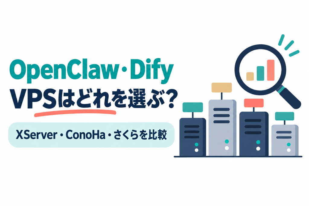 左に「OpenClaw・Dify」「VPSはどれを選ぶ？」の見出しと「XServer・ConoHa・さくらを比較」の帯、右に高さの違う小さなサーバーが横に並び、虫眼鏡で見比べているイラスト。OpenClawとDifyを動かすVPSを、XServer・ConoHa・さくらで比較する記事のサムネイル。画像内の文字：OpenClaw・Dify VPSはどれを選ぶ？ XServer・ConoHa・さくらを比較