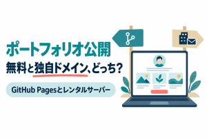 左に「ポートフォリオ公開」「無料と独自ドメイン、どっち？」の見出しと「GitHub Pagesとレンタルサーバー」の帯、右に1ページのポートフォリオを表示したノートパソコンと、別々の方向を指す2本の道しるべのイラスト。ポートフォリオサイトをGitHub Pagesとレンタルサーバーのどちらで公開するかを比べる記事のサムネイル。画像内の文字：ポートフォリオ公開 無料と独自ドメイン、どっち？ GitHub Pagesとレンタルサーバー