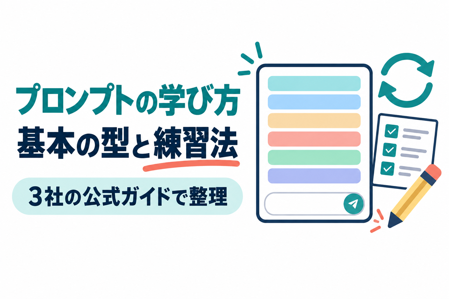 6色の帯が積み重なった指示文のカード、チェックリスト、鉛筆、循環する矢印のイラスト。画像内の文字:プロンプトの学び方/基本の型と練習法/3社の公式ガイドで整理