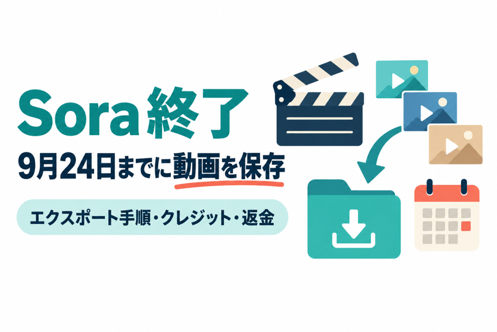 Sora終了に伴う動画のエクスポート手順、クレジット、返金の扱いを紹介する記事のサムネイル。 画像内の文字：Sora 終了 9月24日までに動画を保存 エクスポート手順・クレジット・返金