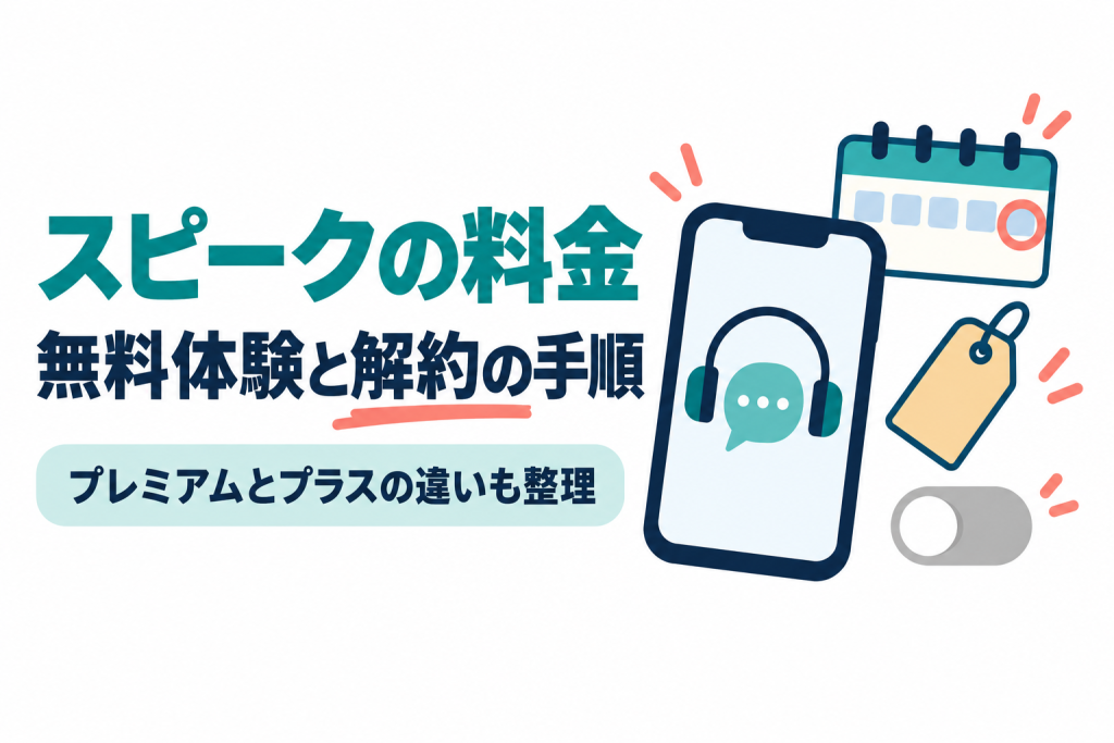 左に「スピークの料金」「無料体験と解約の手順」の見出しと「プレミアムとプラスの違いも整理」の帯、右にヘッドセットと吹き出しのアイコンが表示されたスマートフォン、7日目に丸が付いた小さなカレンダー、値札、オフになった切り替えスイッチのイラスト。AI英会話アプリ「スピーク」の料金と無料体験、解約の手順を解説する記事のサムネイル。画像内の文字：スピークの料金 無料体験と解約の手順 プレミアムとプラスの違いも整理