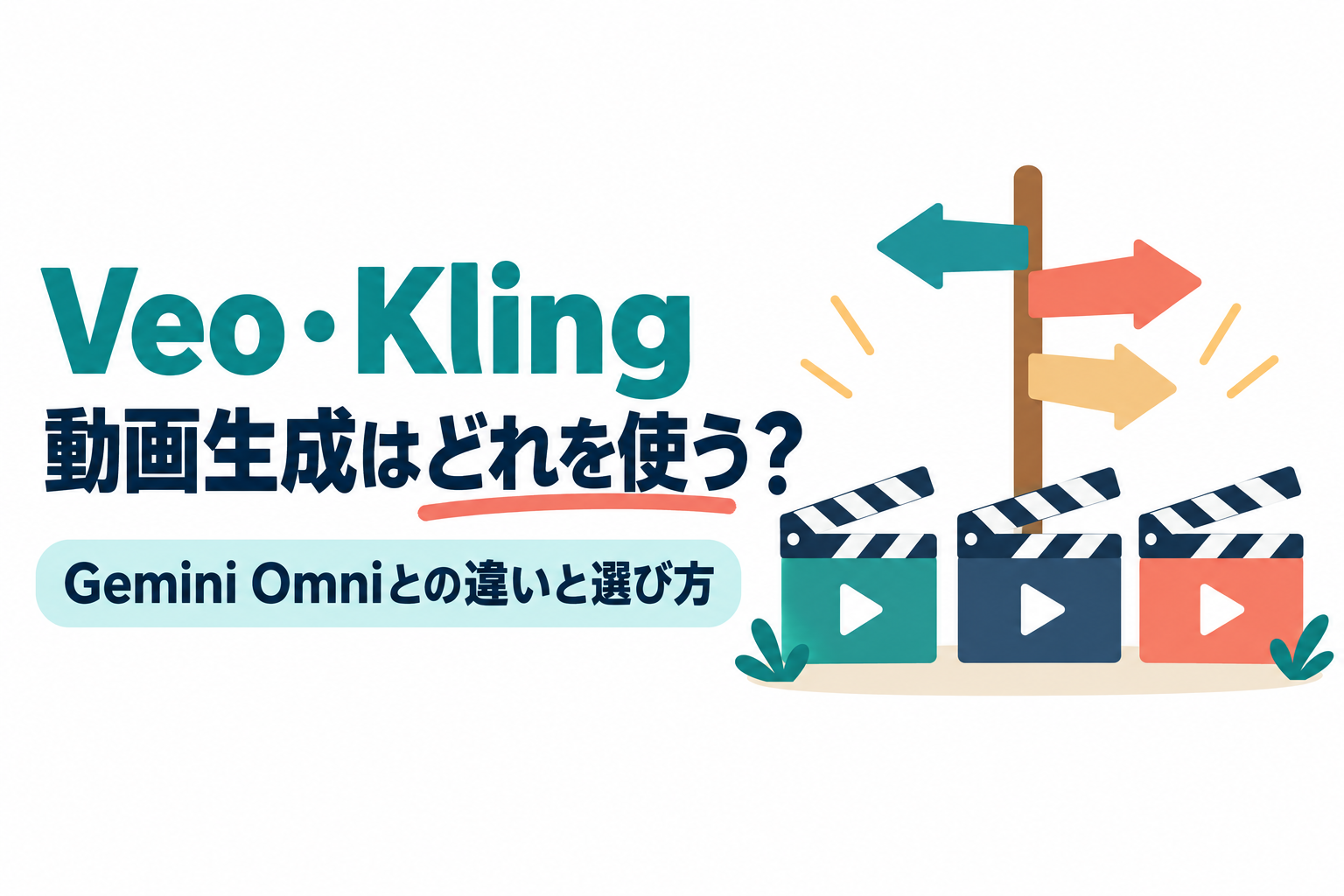 左に「Veo・Kling」「動画生成はどれを使う？」の見出しと「Gemini Omniとの違いと選び方」の帯、右に3つのカチンコと方向を示す道しるべのイラスト。Veo・Kling・Gemini Omniの違いと選び方を扱う記事のサムネイル。画像内の文字：Veo・Kling 動画生成はどれを使う？ Gemini Omniとの違いと選び方