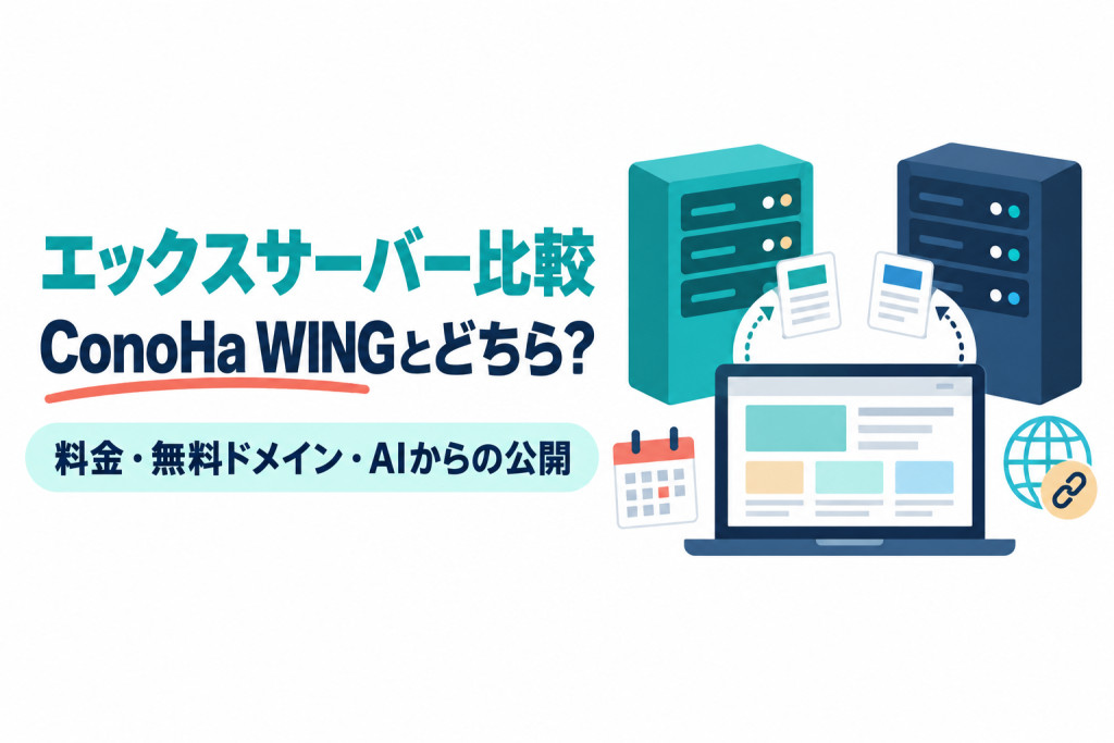 左に「エックスサーバー比較」「ConoHa WINGとどちら？」の見出しと「料金・無料ドメイン・AIからの公開」の帯、右に2台のサーバーと、その手前のノートパソコンからサイトのページが送られていくイラスト。エックスサーバーとConoHa WINGを料金・独自ドメインの条件・AIエージェントからの公開機能で比べる記事のサムネイル。画像内の文字：エックスサーバー比較 ConoHa WINGとどちら？ 料金・無料ドメイン・AIからの公開
