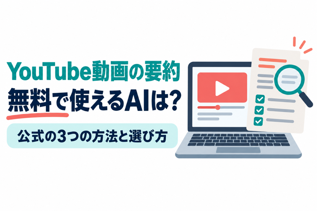 左に「YouTube動画の要約」「無料で使えるAIは？」の見出しと「公式の3つの方法と選び方」の帯、右にノートパソコンの動画から文字起こしの紙が流れ出し、チェック付きの要約カード、虫めがね、吹き出しが並ぶイラスト。動画の内容をAIで要約して確かめる記事のサムネイル。画像内の文字：YouTube動画の要約 無料で使えるAIは？ 公式の3つの方法と選び方
